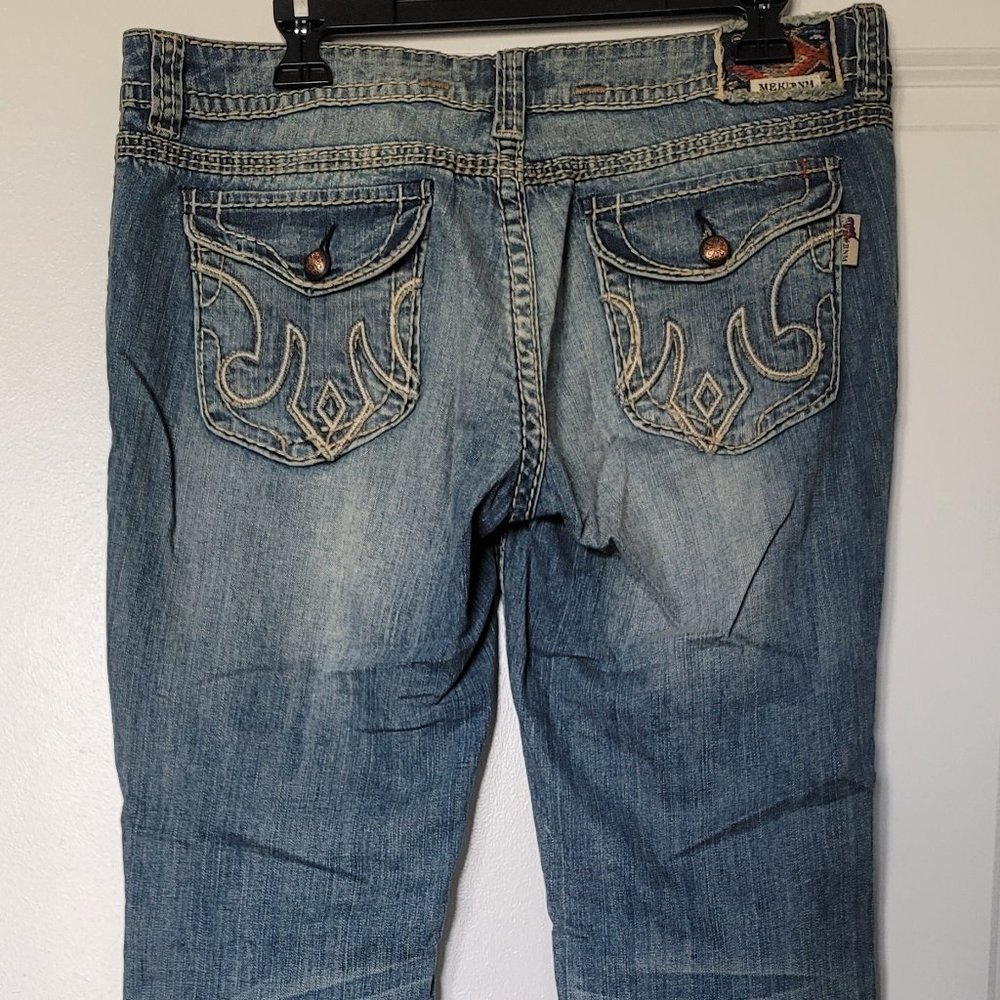 MEK Denim Distressed Embroidered Pockets Low Rise Slim Boot Cut Jeans